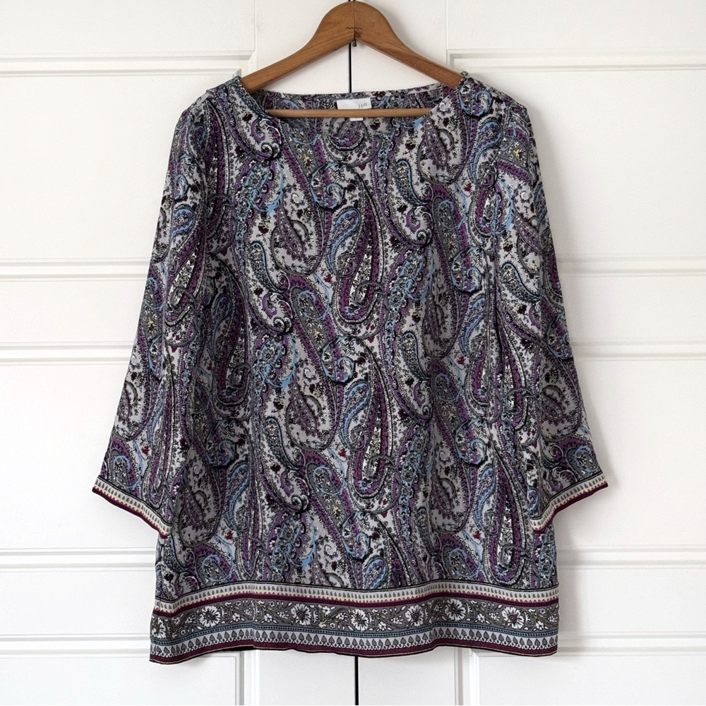 J Jill Floral Paisley Tunic Top Large Purple Artsy Flowy Layered 3/4 Sleeves